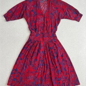 Vintage 1970s Moonglow Red and Blue Long Sleeve Dress